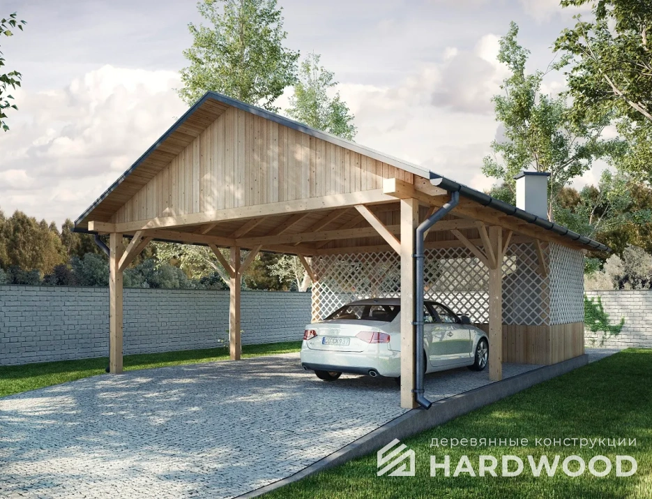 Деревянный авто-навес с зоной барбекю №115 - фото 880